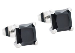 7mm Black Cubic Zirconia Stainless Steel Square Stud Earrings