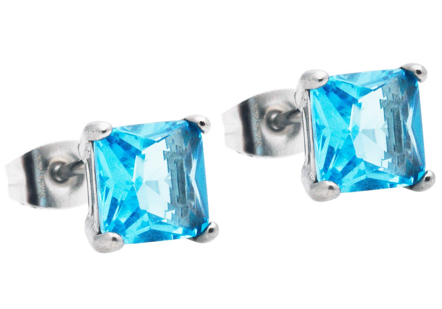 7mm Blue Cubic Zirconia Stainless Steel Square Stud Earrings