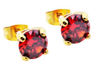 7mm Gold Stainless Steel Stud Earrings With Red Cubic Zirconia
