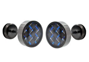 9mm Black Plated Stainless Steel Earrings With Blue Carbon Fiber