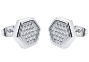 Stainless Steel Hexagon Stud Earrings With Cubic Zirconia