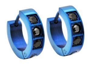 14mm Blue Plated Stainless Steel Hoop Earrings With Black Cubic Zirconia
