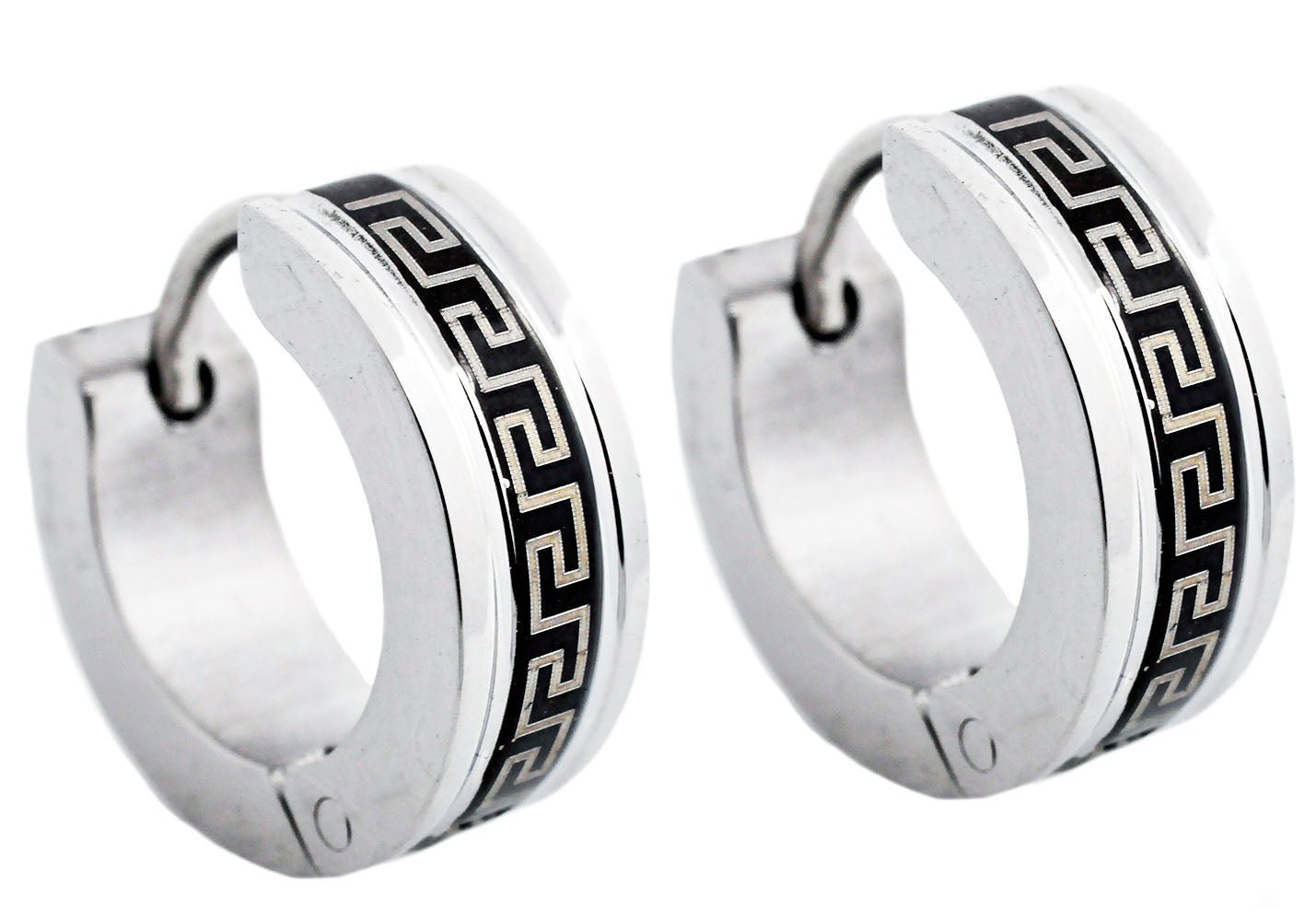 14mm Black And Stainless Steel Greek Key Hoop Earrings