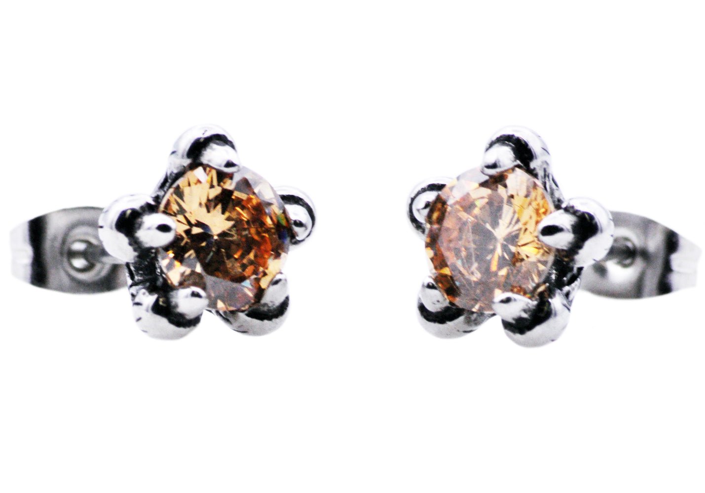10mm Stainless Steel Champagne Cubic Zirconia Claw Stud Earrings