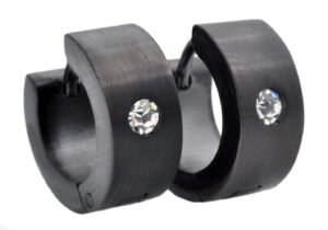 14mm Black Plated Stainless Steel Hoop Earrings With Cubic Zirconia