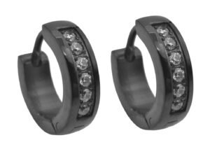 14mm Black Stainless Steel Hoop Earrings With Black Cubic Zirconia