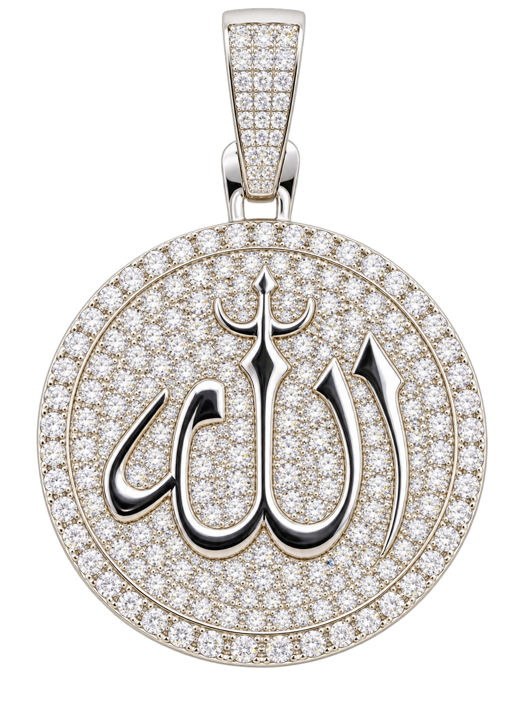 Silver moissanite Allah round pendant