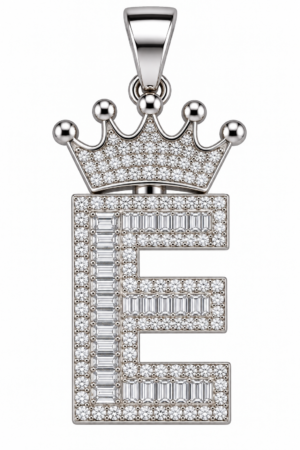Moissanite Silver Iced Out Crown Initial Pendant – Letter E
