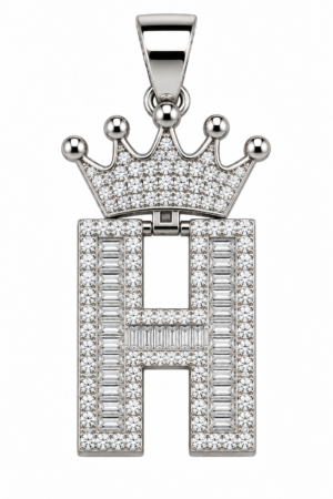 Moissanite Silver Iced Out Crown Initial Pendant – Letter H