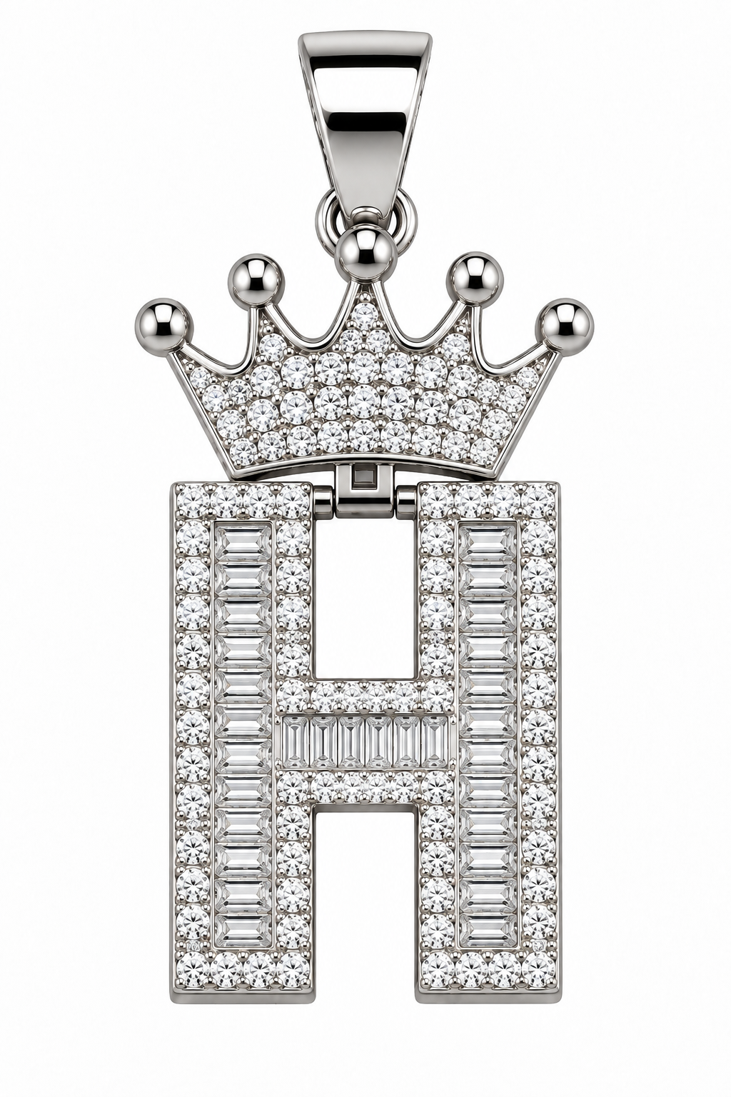 Moissanite Silver Iced Out Crown Initial Pendant – Letter H