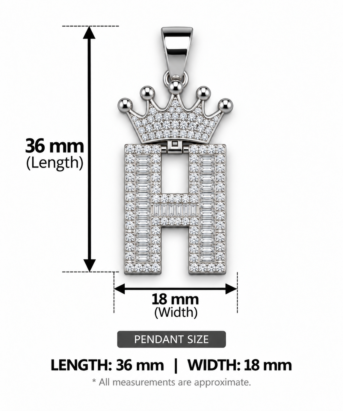 Moissanite Silver Iced Out Crown Initial Pendant – Letter H - Image 2