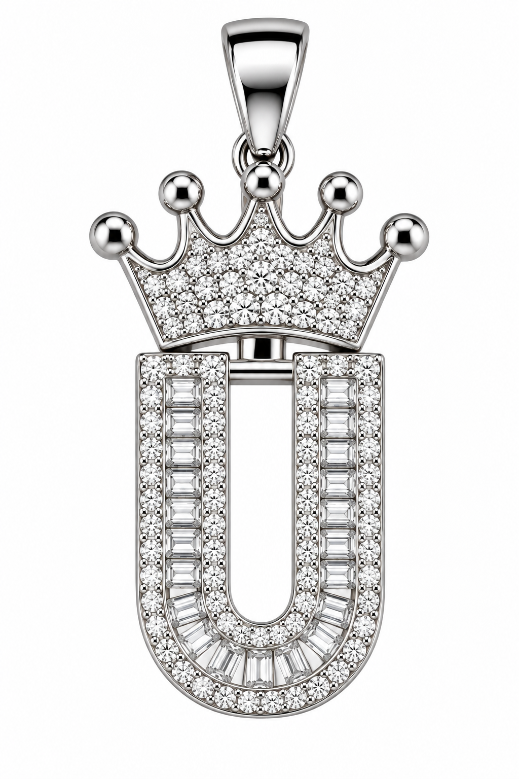 Moissanite Silver Iced Out Crown Initial Pendant – Letter U