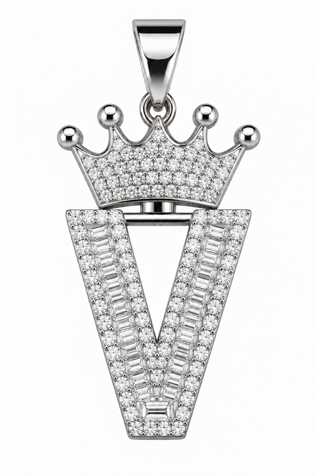 Moissanite Silver Iced Out Crown Initial Pendant – Letter V