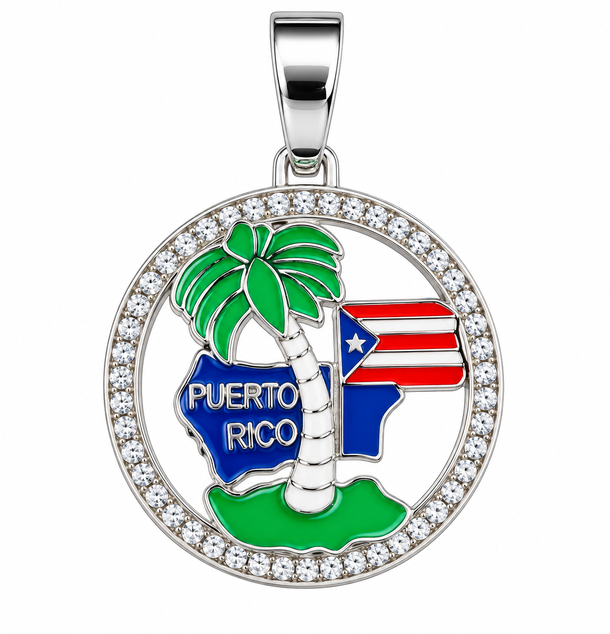 Puerto Rico Palm Tree & Flag Round Medallion Pendant - Silver