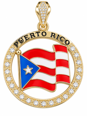 Puerto Rico Waving Flag Round Medallion Pendant - Gold