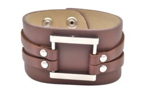 Mens Brown Leather Stainless Steel Bracelet