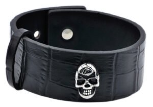 Mens Stainless Steel And Leather Skull Bracelet