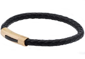 Mens Black Leather And Rose Stainless Steel Bracelet