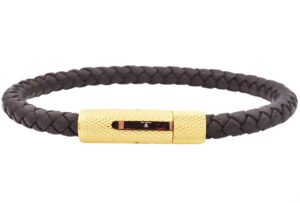 Mens Brown Leather And Gold Stain Stainless Bracelet
