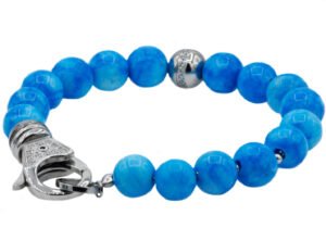 Mens Stainless Steel And Larimar Bead Bracelet With Cubic Zirconia