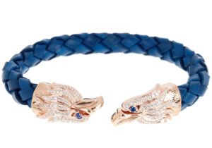 Mens Blue Leather Rose Stainless Steel Eagle Bracelet With Blue And White Cubic Zirconia