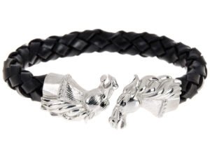Mens Black Leather Stainless Steel Horse Bracelet With Black Cubic Zirconia