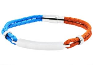 Mens Blue And Orange Leather And Stainless Steel Bracelet