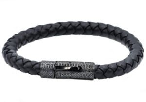 Mens Black Leather And Black Stainless Steel Bracelet With Black Cubic Zirconia
