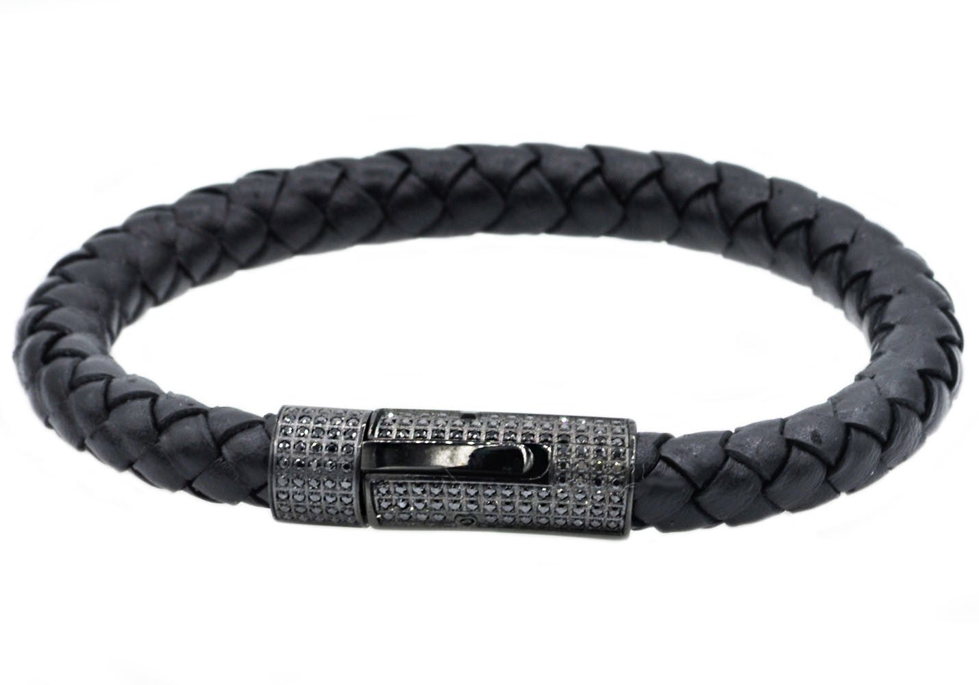 Mens Black Leather And Black Stainless Steel Bracelet With Black Cubic Zirconia
