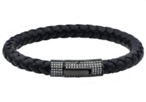 Mens Black Leather and Black Stainless Steel Bracelet With Cubic Zirconia