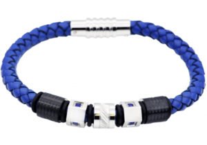 Mens Blue Leather And Stainless Steel Bracelet With Blue Cubic Zirconia