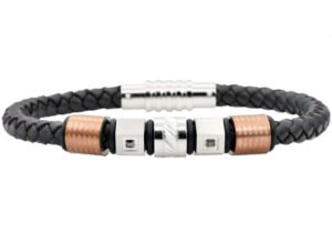 Mens Brown Leather And Chocolate Stainless Steel Bracelet With Brown Cubic Zirconia