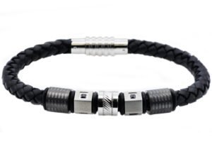 Mens Black Leather And Stainless Steel Bracelet With Black Cubic Zirconia