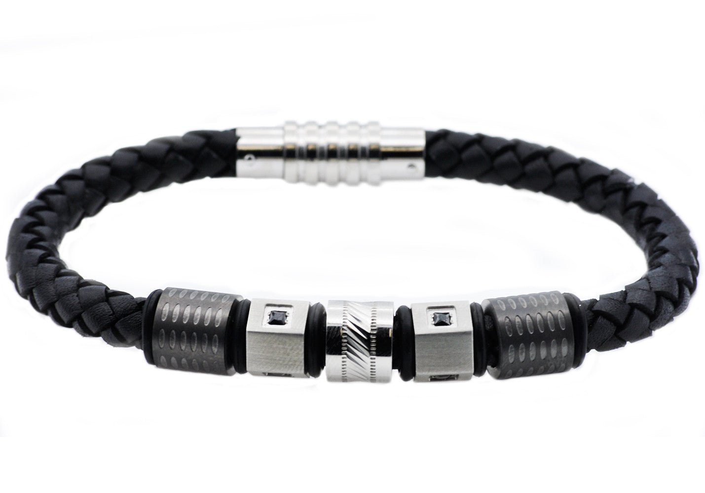 Mens Black Leather And Stainless Steel Bracelet With Black Cubic Zirconia