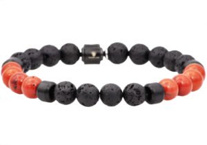 Mens Genuine Lava Stone And Red Fossil Black Plated Stainless Steel Beaded Bracelet