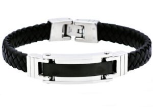 Mens Black Stainless Steel Black Leather Bracelet