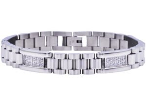 Mens Polished Stainless Steel Link Bracelet With Cubic Zirconia