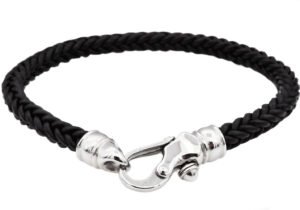 Mens Black Leather Stainless Steel Bracelet