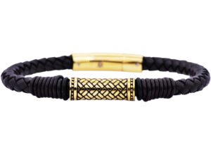 Mens Black Leather Gold Stainless Steel Bracelet
