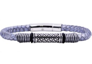 Mens Gray Leather Stainless Steel Bracelet