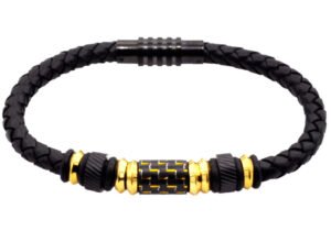 Mens Black Leather Gold Plated Stainless Steel Bracelet With Carbon Fiber