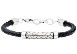 Mens Black Leather Stainless Steel Bracelet