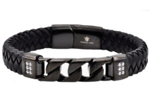 Mens Black Leather And Black Stainless Steel Curb Link Bracelet With Cubic Zirconia