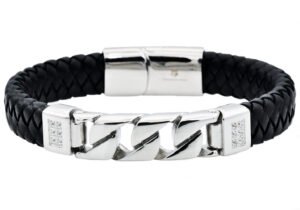 Mens Black Leather And Stainless Steel Imitation Curb Link Bracelet With Cubic Zirconia