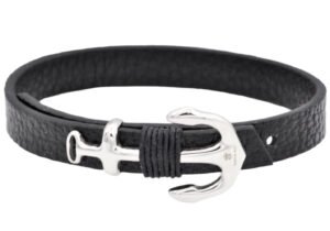 Mens Black Leather Stainless Steel Anchor Bracelet With Adjustable Strap