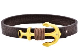 Mens Brown Leather Gold Stainless Steel Anchor Bracelet With Adjustable Strap