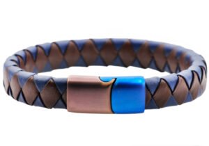 Mens Brown And Blue Leather Brown And Blue Stainless Steel Bracelet