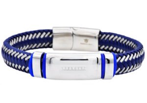 Mens Blue Leather And Blue Stainless Steel Bracelet With Cubic Zirconia