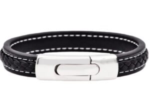 Mens Stainless Steel Black Leather Bracelet