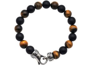 Mens Genuine 10mm Tiger Eye and Onyx Stainless Steel Beaded Bracelet